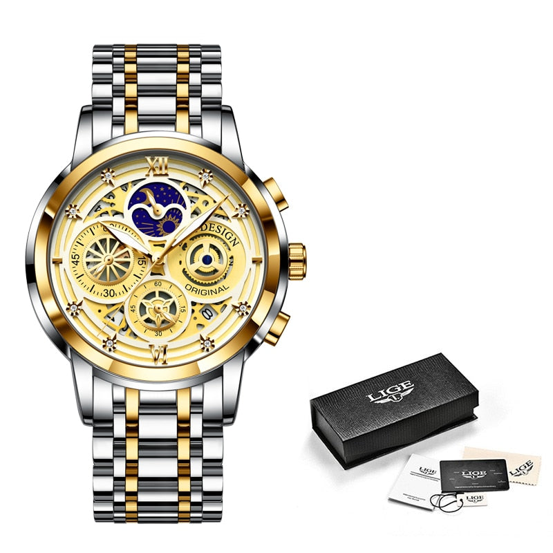 LIGE 2022 New Fashion Men Watch Calendar Stainless Steel Top Brand Luxury Sports Chronograph Quartz Watch Relogio Masculino+Box