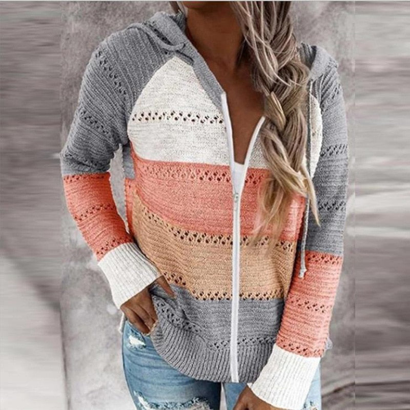 Women Zipper Hollow Out Knitted Hooded Sweater Stripe Patchwork Autumn Winter Sweater Casual V Neck Long Sleeve Pullover Sweater