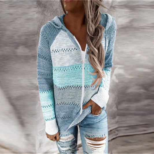 Women Zipper Hollow Out Knitted Hooded Sweater Stripe Patchwork Autumn Winter Sweater Casual V Neck Long Sleeve Pullover Sweater