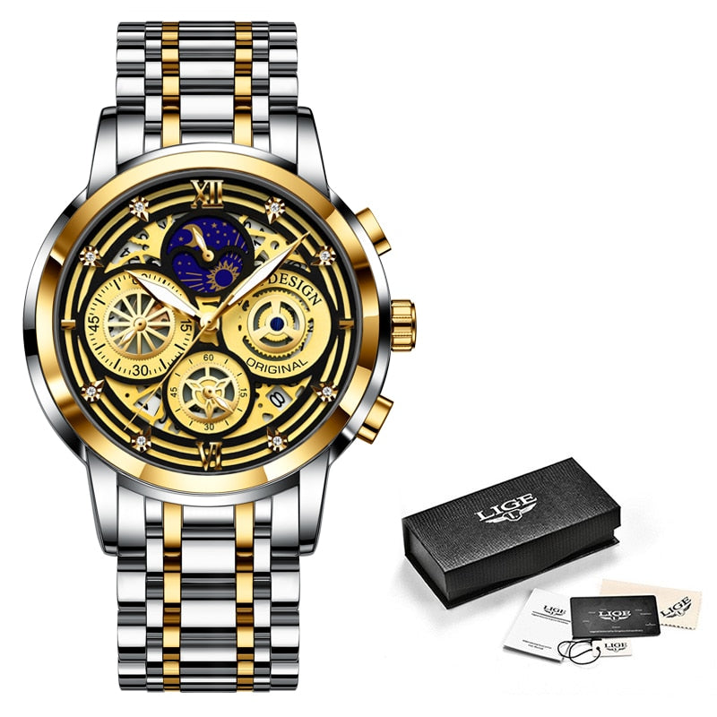 LIGE 2022 New Fashion Men Watch Calendar Stainless Steel Top Brand Luxury Sports Chronograph Quartz Watch Relogio Masculino+Box