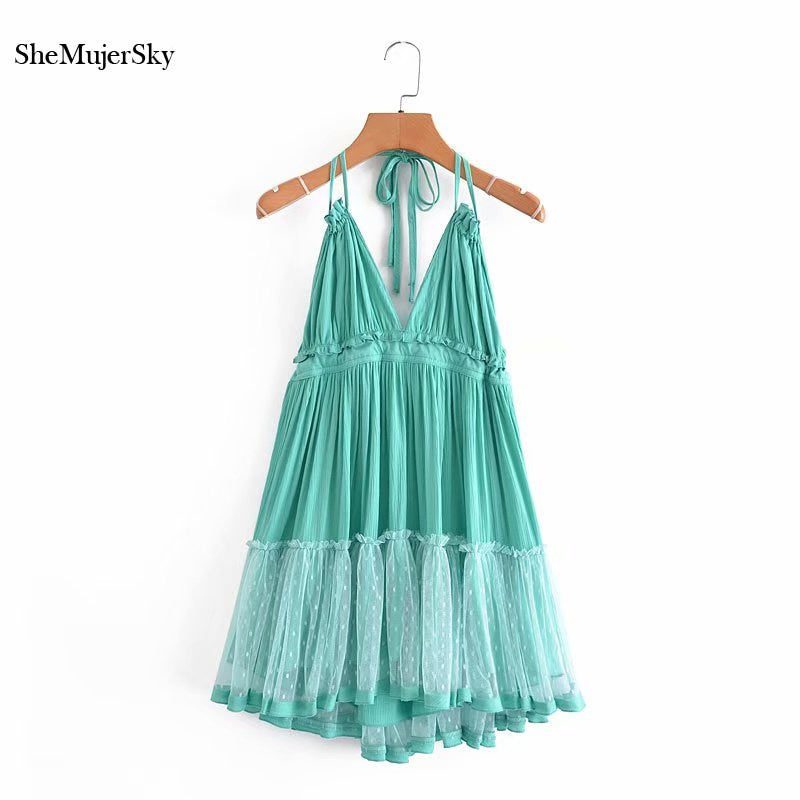 SheMujerSky Sexy Backless Lace Spliced Dress Summer Halter V-neck Mini Dresses Woman Dress Elegant Evening