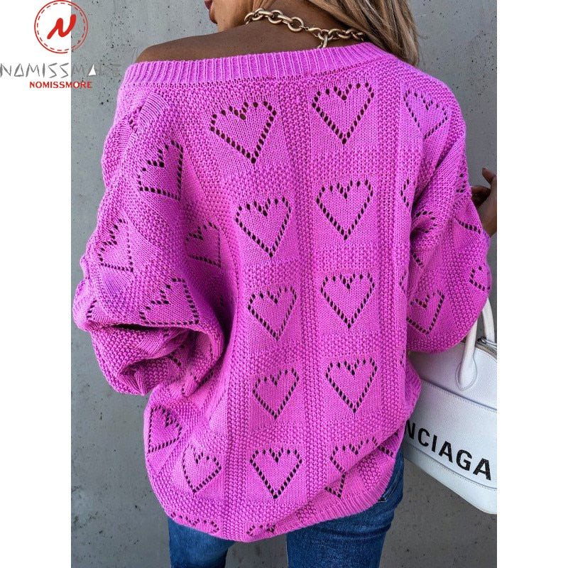 Women Solid Color Sweater Heart Shaped Hollow Design V-Neck Long Sleeve Casual Loose Pullover