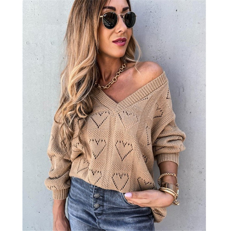 Women Solid Color Sweater Heart Shaped Hollow Design V-Neck Long Sleeve Casual Loose Pullover