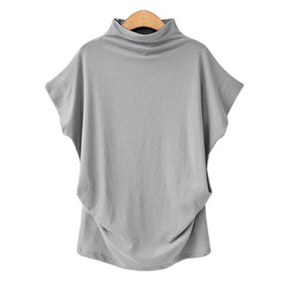 Euramerican Style Womens Clothing Turtleneck Bat Sleeve Blouse Loose Casual Short Sleeve T-Shirt