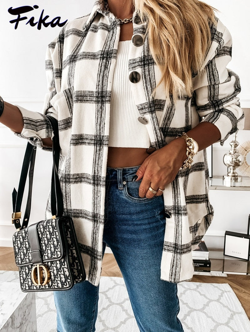 Women Spring Autumn Winter New Casual Oversize Plaid Shirt Jackets Warm Single Breasted Long Sleeve Blouses Coat Ladies Loose Tops