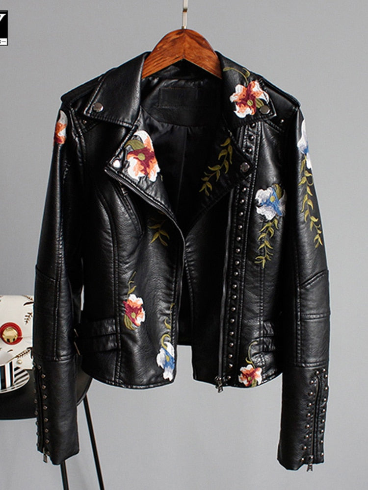 Soft Faux Leather Jacket Women Embroidered