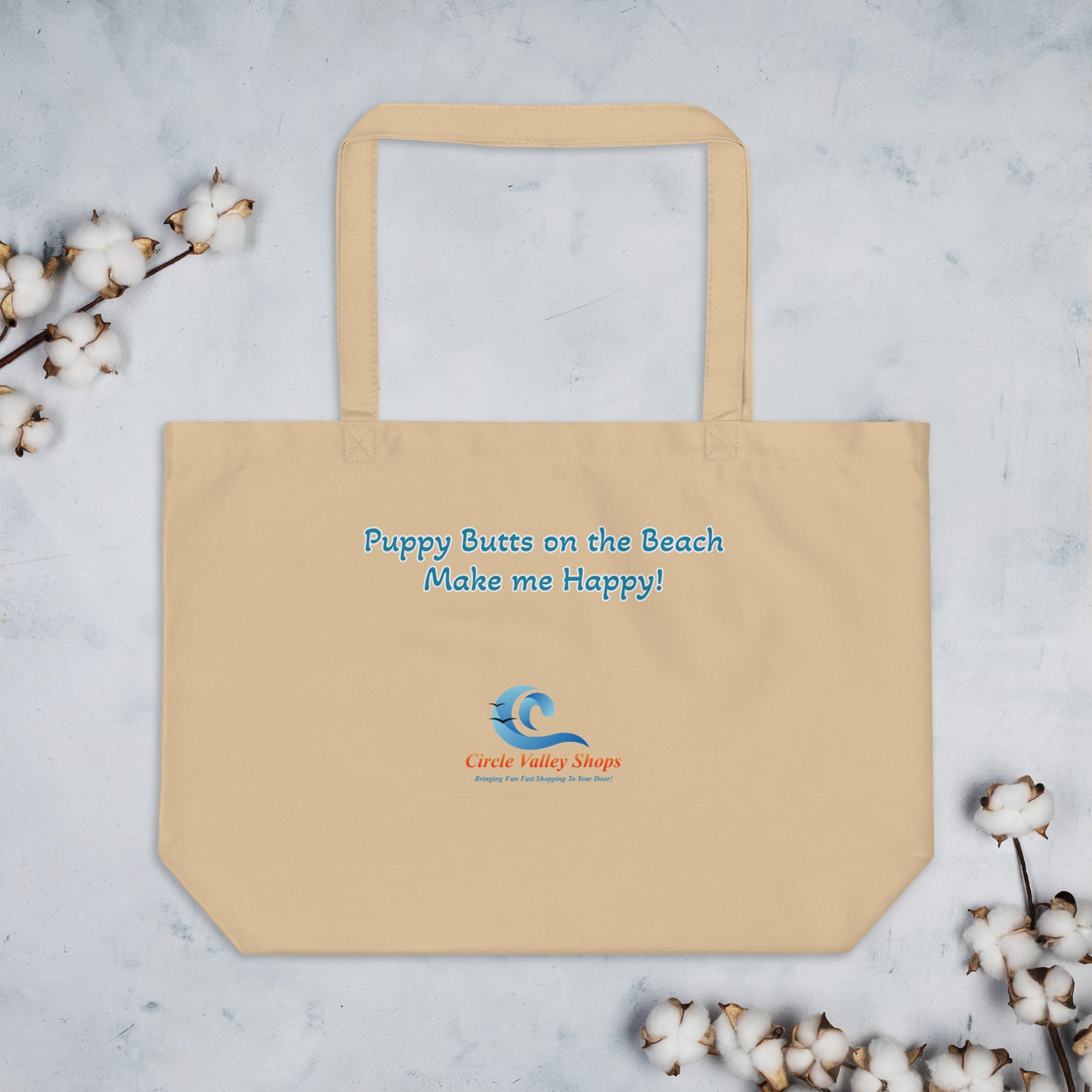 Puppy butts on the beach large organic tote bag