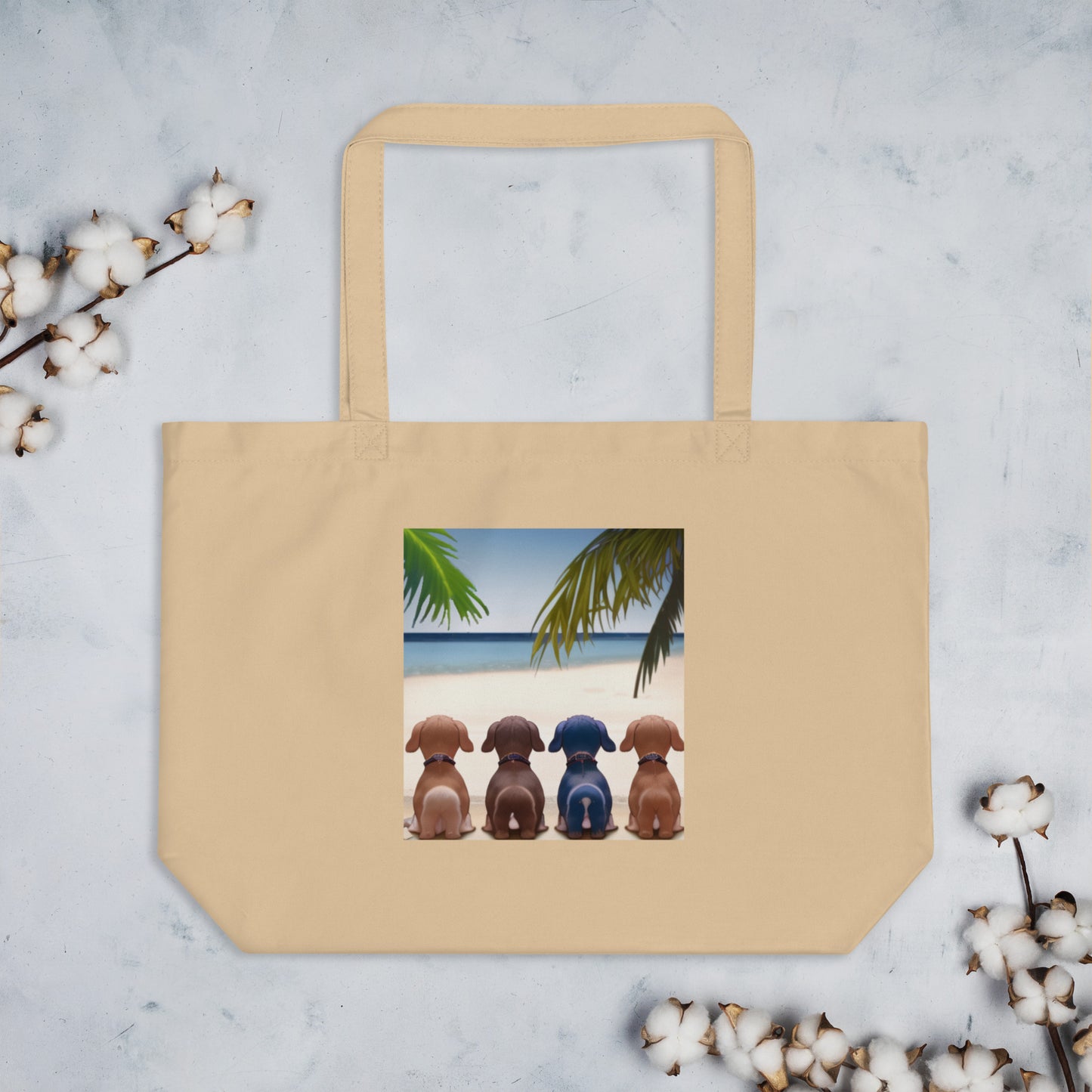 Puppy butts on the beach large organic tote bag